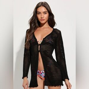 Lulus Small “Stroll the Beaches Black Sheer Crochet Swim Cover-Up Cardigan” EUC